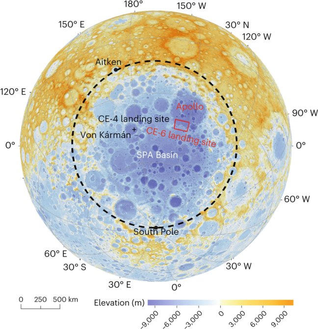 Mapa topográfico de la cuenca Polo Sur-Aitken y localización del lugar de aterrizaje de Chang’e-6