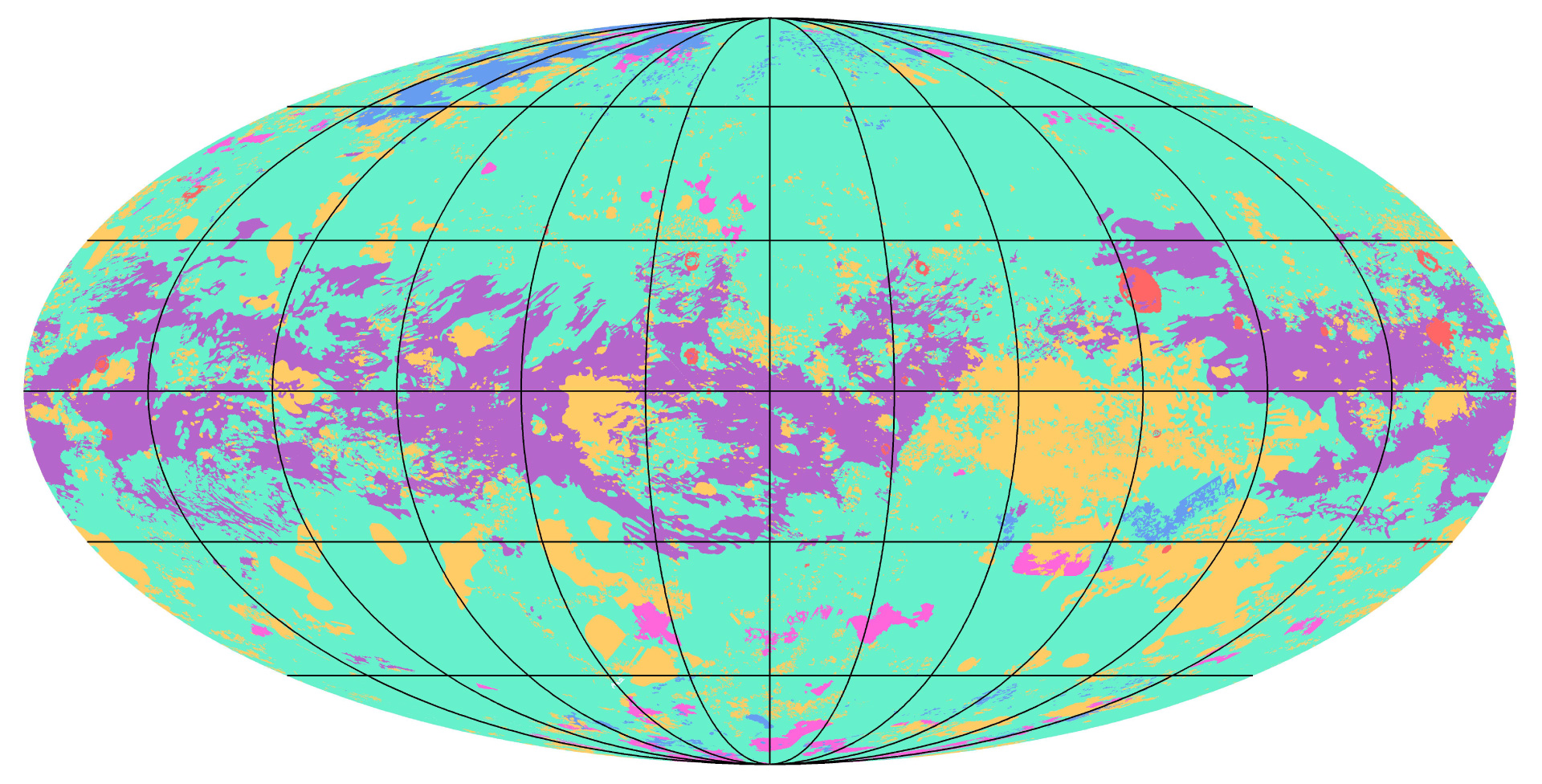 Mapa geológico global de Titán elaborado a partir de datos radar e imágenes de la misión Cassini que muestra la distribución de dunas ecuatoriales, llanuras, terrenos laberínticos, cráteres y mares de hidrocarburos