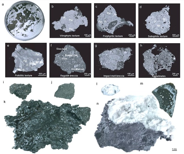 Muestras lunares de la cara oculta traídas por la misión Chang’e-6 con diferentes tipos de rocas basálticas, brechas de impacto y fragmentos vítreos.