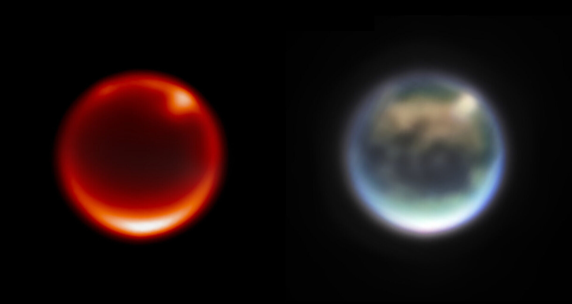 Comparación de Titán en visible y en infrarrojo obtenida por el telescopio espacial James Webb que permite observar la superficie a través de la atmósfera