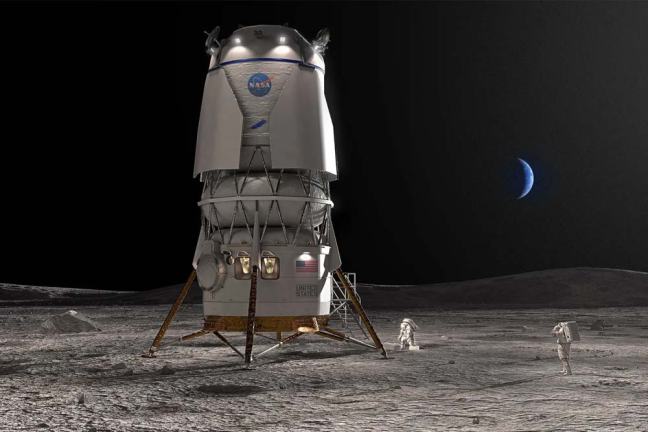 Módulo lunar Blue Moon Mark II de Blue Origin en la superficie de la Luna con astronautas durante una misión Artemis