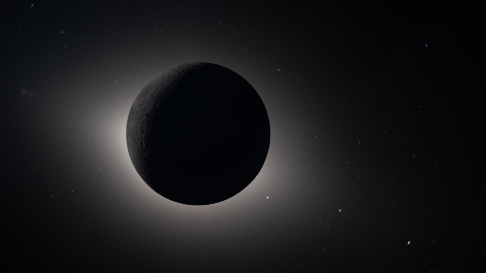 Imagen captada el 6 de abril de 2026 durante el sobrevuelo lunar de Artemisa 2 en la que la Luna eclipsa completamente el Sol, generando un halo luminoso visible desde la nave Orión.