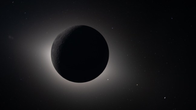 Eclipse solar visto desde Artemisa II con la Luna ocultando completamente el Sol