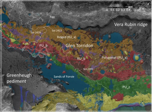 Mapa geológico de la región Glen Torridon en el cráter Gale de Marte con la ruta del rover Curiosity y unidades sedimentarias