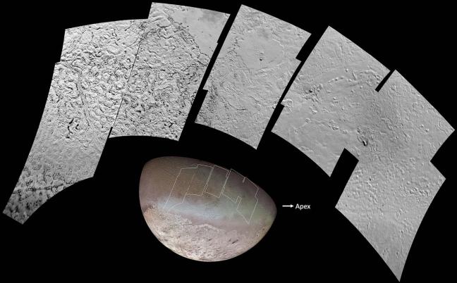 Mosaico de alta resolución de la superficie de Tritón obtenido por Voyager 2 con detalle de terrenos y cráteres
