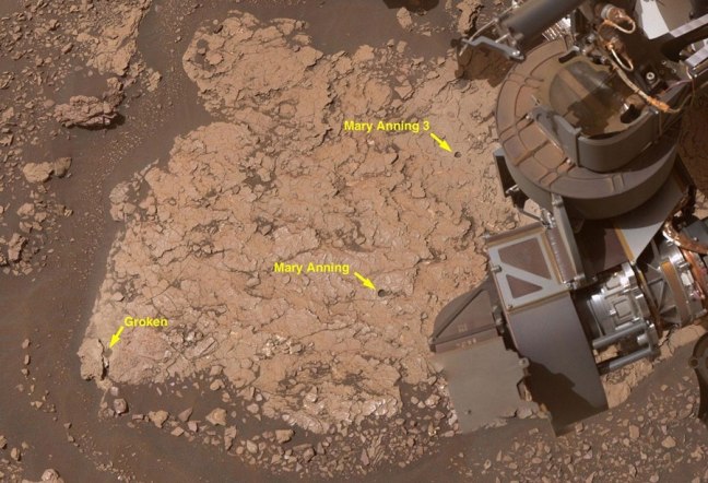 Zona de perforación Mary Anning en el cráter Gale de Marte con los puntos de muestreo Mary Anning 3 y Groken analizados por el rover Curiosity